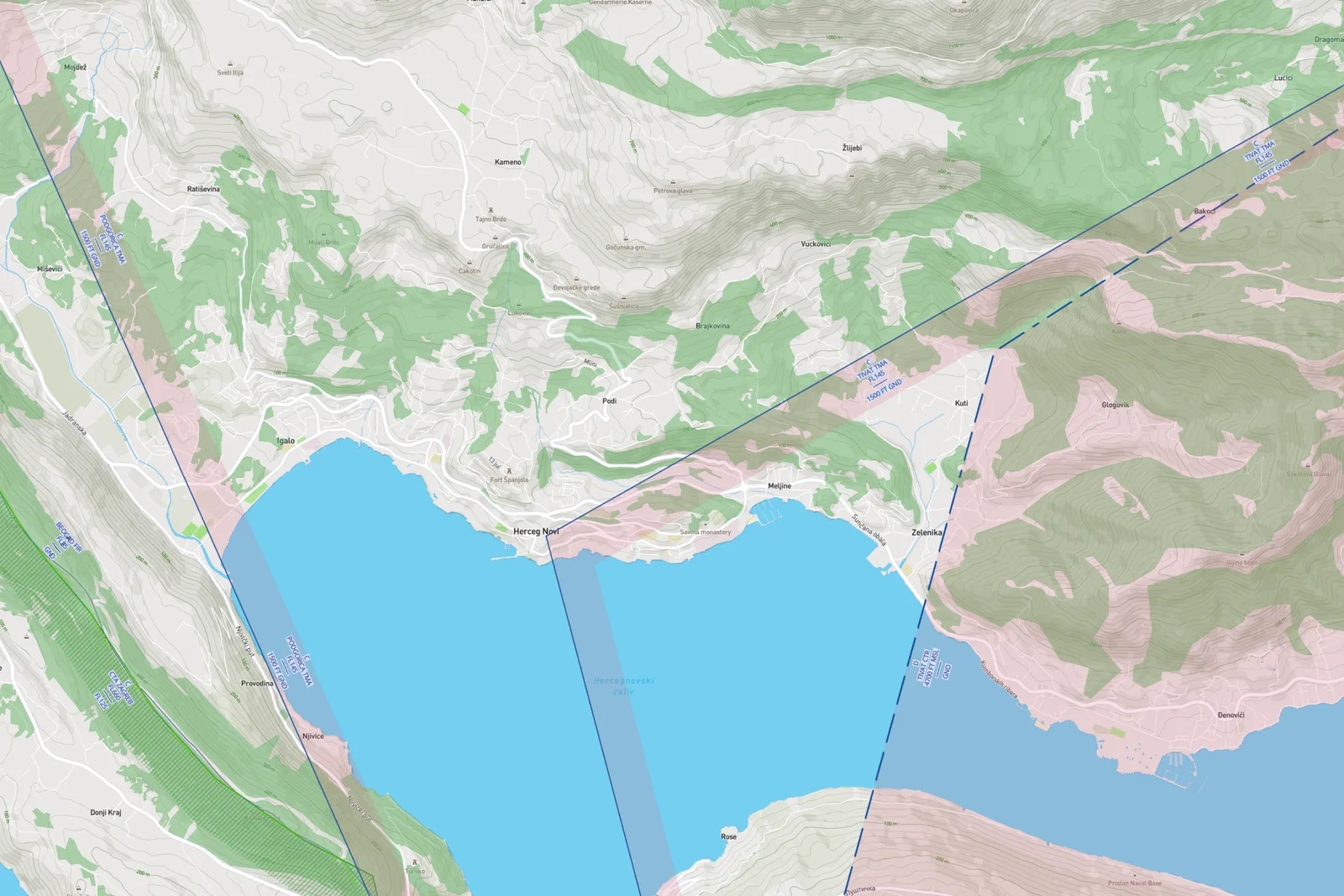 OpenAIP-based airspace orientation map around Herceg-Novi and Dizdarica showing TMA and Bay-side airspace geometry.